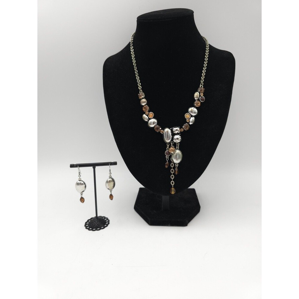 Vintage Faux Amber Rhinestone Silver Tone Dangle Bib Necklace‎ & Earrings Boho